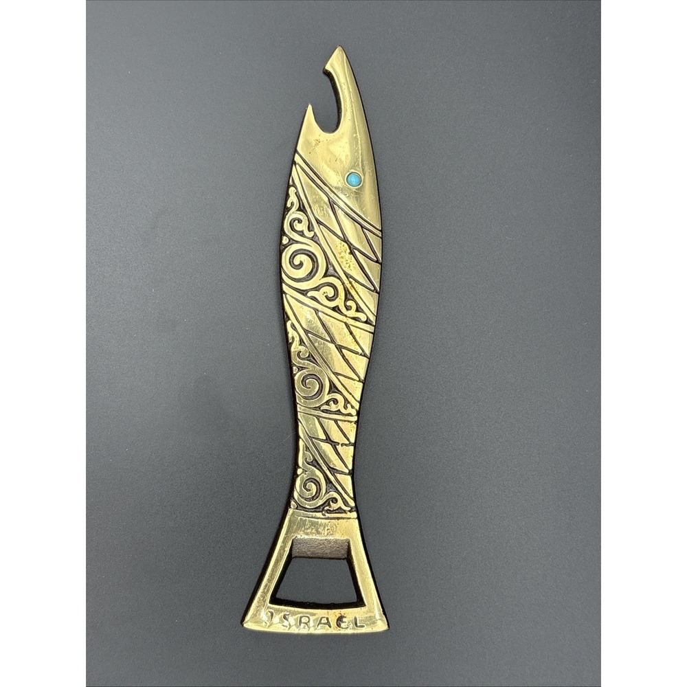 Vintage Mid-Century Israeli Brass Fish Bottle Opener Turquoise Eilat Stone Eye